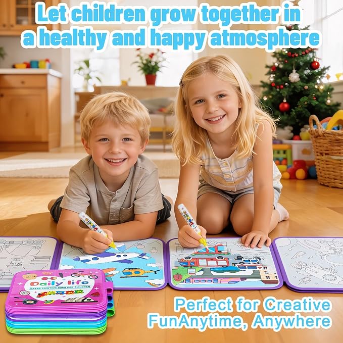 Reusable Water Coloring Books for Toddlers 1-3, Mess-Free Water Painting Book Set With Water Pens(Airplane & Dinosaur) Travel Art Craft Activity Toys for Girls Boys Ages 3+, Birthday Gifts - 4PCS
