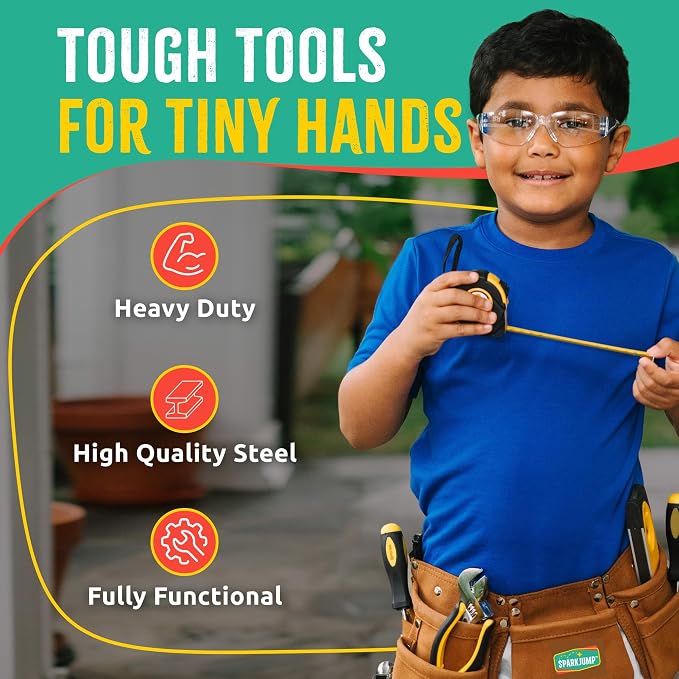 SparkJump Deluxe Kids Tool Set, Real Tools with Tool Belt & Tool Box, Beginner Tool Kit for Boys & Girls Ages 6 & Up, Brown Ultimate Tool Set
