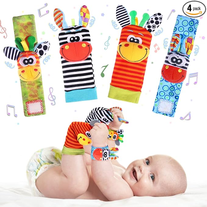 PADONISE Wrist Rattle Foot Finder Socks Set for Baby Arm Hand Rattle Feet Leg Ankle Socks Newborn Soft Sensory Toys Baby Socks Newborn Rattles Toys Valentines Gift 0-3 6-12 Months Infant Girl Boy