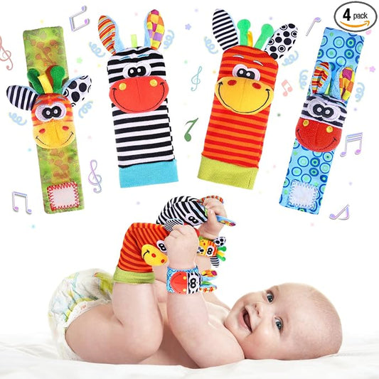 PADONISE Wrist Rattle Foot Finder Socks Set for Baby Arm Hand Rattle Feet Leg Ankle Socks Newborn Soft Sensory Toys Baby Socks Newborn Rattles Toys Valentines Gift 0-3 6-12 Months Infant Girl Boy