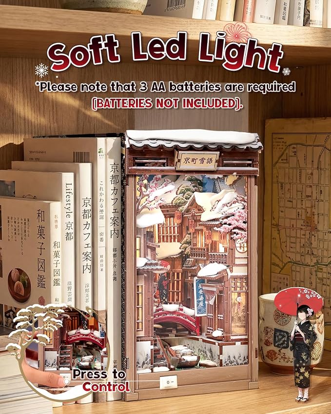 Cutefun DIY Book Nook Kit Kyoto Snow Whisper – Japanese Snow Scene 3D Wooden Puzzle Miniature Dollhouse Kit with LED Light, Bookshelf Insert Decor, Creative Gift for Adults, Teens & Book Lovers