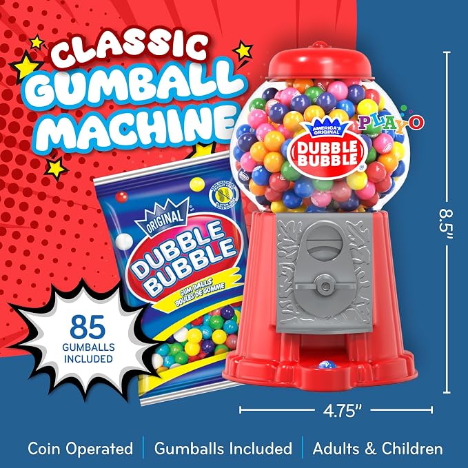 Gumball Machine for Kids 8.5" - Coin Operated Bubble Gum Machine and Toy Bank - Candy Machine Dispenser Includes 40 Gum Balls - Great Candy Dispenser Machine Gift Toys for Girls and Boys (Red)