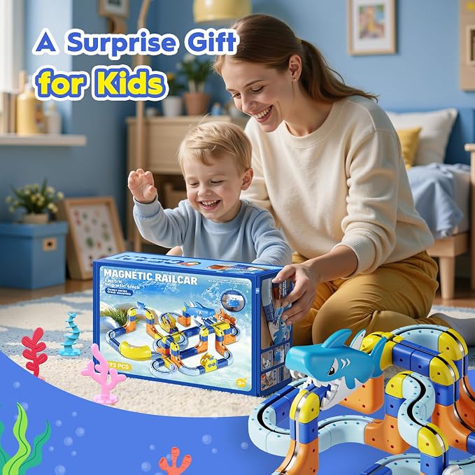 193PCS Magnetic Train Set: Shark Toys 3D Infinity Racer Electric Train Set for Kids Flexible Cube Rail Train Track with Anti-Gravity Train STEM Toys Gifts for 3 4 5 6 7 8 Year Old Boys Girls