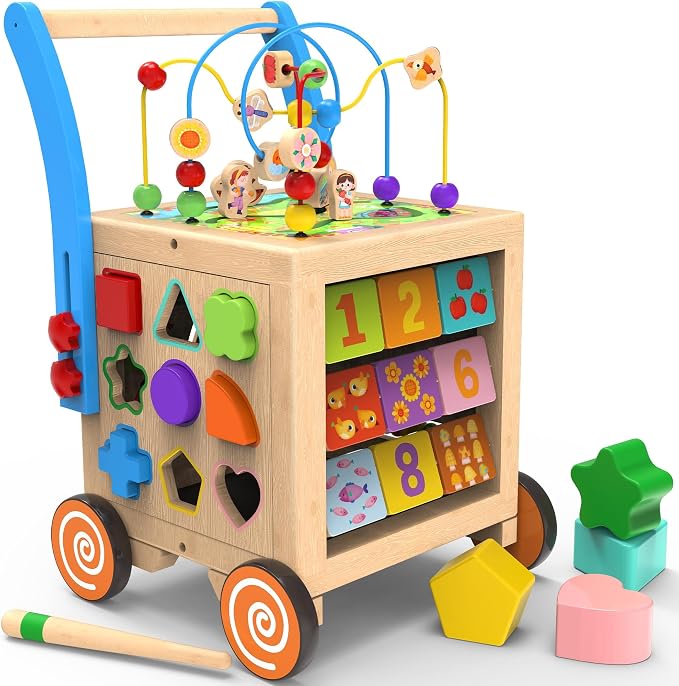 9-in-1 Wooden Activity Cube Baby Walker for 1 Year Old | Sit-to-Stand Learning Walker & Montessori Activity Center for Toddlers | Height & Speed Adjustable Push Walker Toy for Boys & Girls