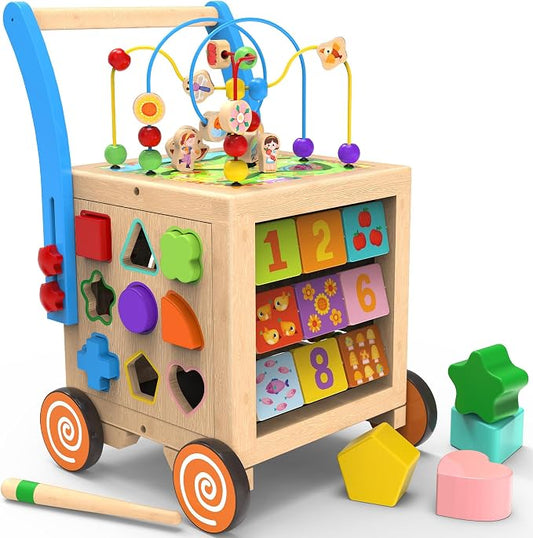 9-in-1 Wooden Activity Cube Baby Walker for 1 Year Old | Sit-to-Stand Learning Walker & Montessori Activity Center for Toddlers | Height & Speed Adjustable Push Walker Toy for Boys & Girls