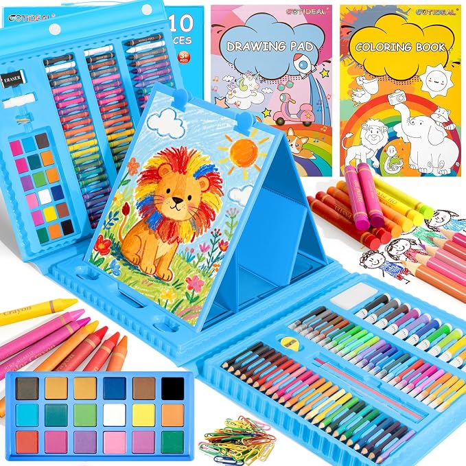 GOTIDEAL Kids Art Set,Art Supplies for Kids,210 PCS Art Kit with Double Sided Trifold Easel,Coloring Book, Crayons, Markers, Watercolor Pens, Arts & Crafts,Gift for 4-12 Year Old (Blue)