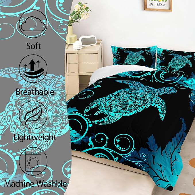 AILONEN Sea Turtle Comforter Set King Size, Black Blue Turtle Bedding with 2 Pillowcases, 3 Piece Soft Microfiber All Season, Ocean Beach Room Decor