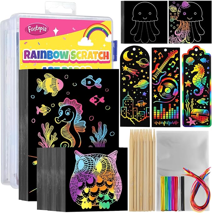 Funtopia 240 Sheets Rainbow Scratch Paper, Color Scratch Art for Kids Ages 4 5 6 7 8 9 10 Girls Boys, Art Crafts Party Favors Drawing Kits with Guide for School Classroom Travel Birthday Party Gifts