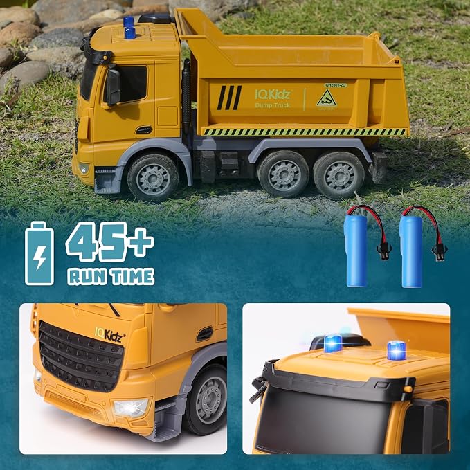 IQKidz Remote Control Dump Truck Toys - RC Construction Vehicles with Blue Warning Lights, Trucks Toy for Boys Girls 3 4 5-7 8 9 10 Year Old and Up, Best Birthday Gift Ideas for Kids Age 5-10