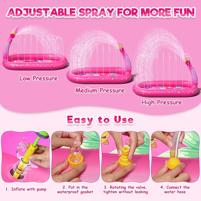 Splash Pad for Toddlers 1-3, Mermaid Inflatable Sprinkler for Kids, 3 in 1 Baby Splash Pads Kids Pool Outdoor Play Mat, Backyard Summer Water Toys Birthday Gift for 1+ Year Old Girls Kids
