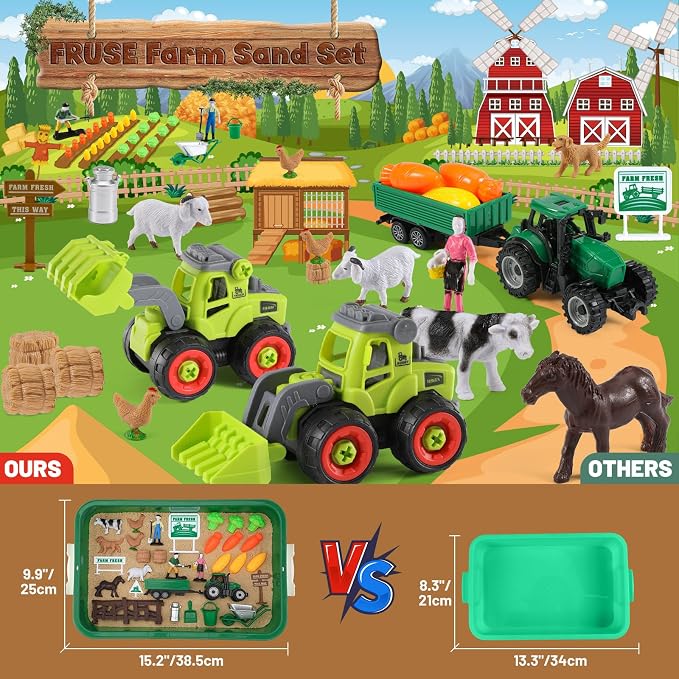 FRUSE Play Sand Farm Toys,Sensory Bins for Toddlers with 2.2lbs Sensory Play Sand,Farm Figures & Tractor Playset,Sandbox Toys for Kids 3 4 5 6 7