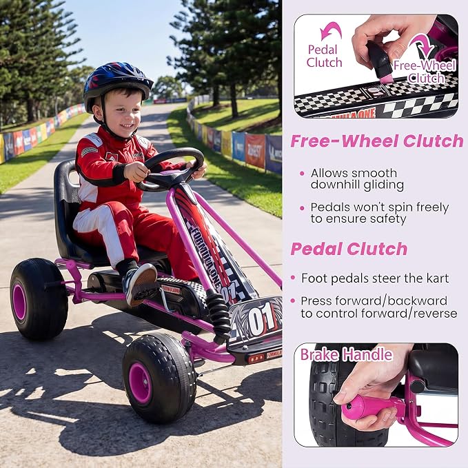 Costzon Pedal Go Kart, 4 Wheel Ride on Toy Pedal Car with Adjustable Seat, Forward/Backward & Handbrake, Outdoor Bicycle Go Cart with Wear-Resistant Wheels, Gift for Boys and Girls (Pink)
