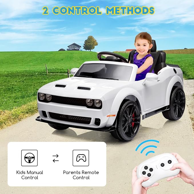 12V Kids Car, Licensed Dodge Challenger Electric Car for Kids, Battery-Powered Toy Car with Remote Control, LED Headlights, Music, Suspension, Double Doors, Safety Belt, Ride On Car for Boys & Girls
