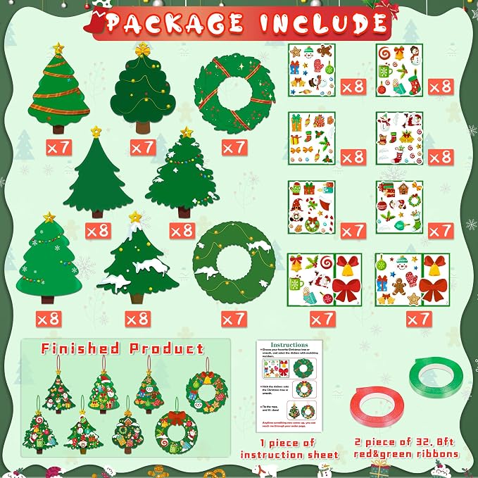 80UncleKimby 60pcs Christmas Crafts for Kids - DIY Xmas Tree Wreath Ornaments with Sticker Kits - Set for Holiday Decorations, Party Favors, and Classroom Activities
