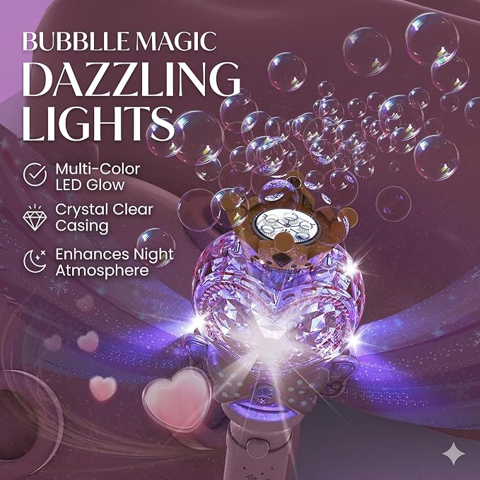 Princess Bubble Wand for Girls 3-12, Large Light Up Bubble Machine with Music, Detachable Sparkly Wings, Handheld Bubble Maker, Birthday Gift for Toddler Kids, Pink (Batteries Not Included)