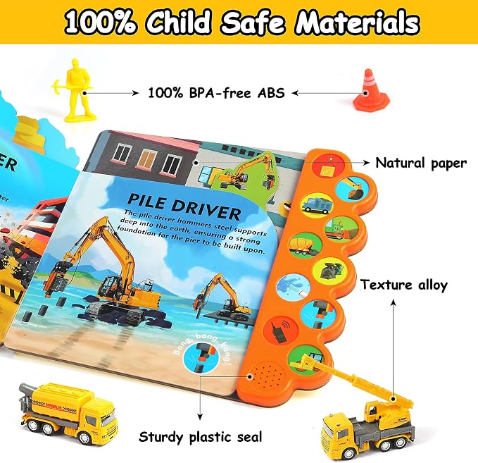 iGRATENS Construction Toys with Sound Books - Dig It! Dump It! Build It! Construction Board Book with 10 Buttons & 20 PCS Toys for 3+ Year Old, Great for Little Alloy Truck Lovers Kids
