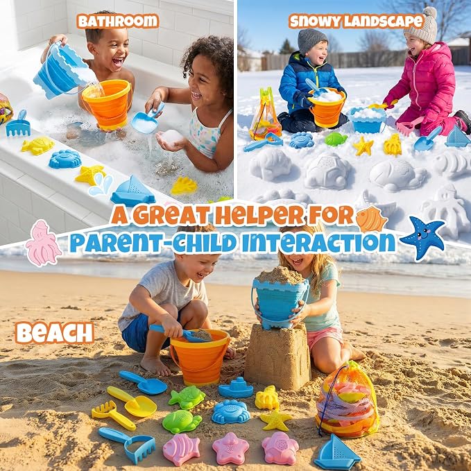 Beach Sand Toys Set for Toddlers, Portable Travel Beach Toys with Collapsible Bucket, Shovel, Rake, Molds & Mesh Storage Bag for Kids, Summer Gift (Tangerine + Ocean Blue)