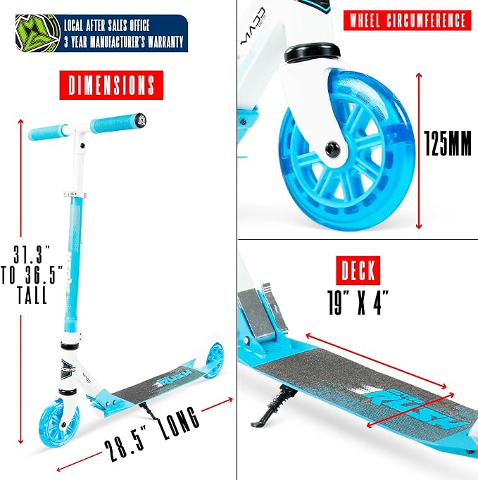 Kick Scooter for Ages 5+ - Kids, Teens & Adults. Max Load 220lbs. Foldable, Light-Up Wheels, Adjustable Height, Lightweight - Rush 125 Madd Gear