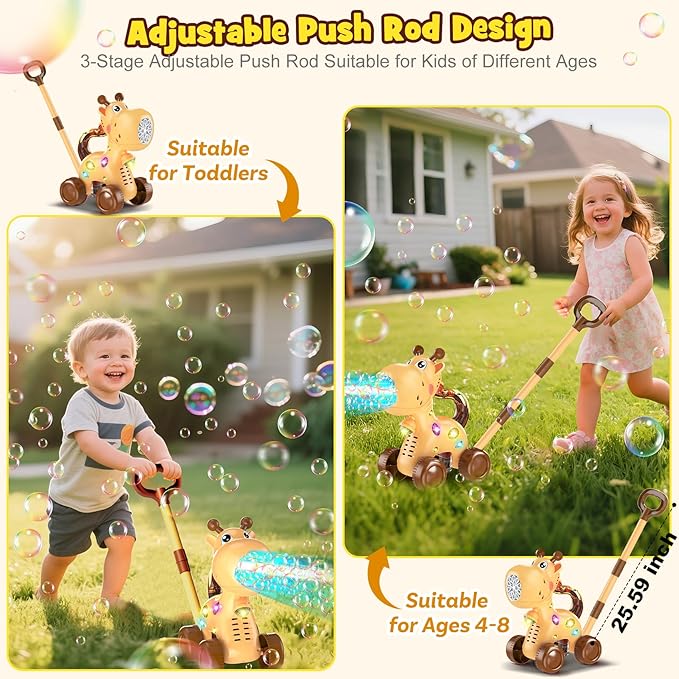 Nicmore Automatic Bubble Machine for Toddler 1-3: Giraffe Bubble Lawn Mover Outdoor Toy for 1 2 3 4 5 Year Old Boy Girl - Push or Handheld Bubble Maker Blower for Age 1-3 Kids Birthday Gifts