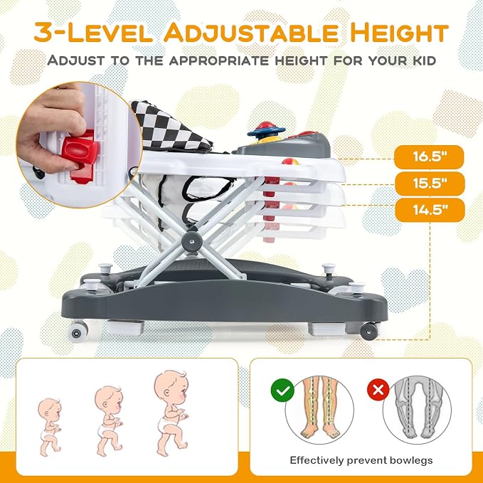 BABY JOY 6-in-1 Baby Walker, Foldable Baby Walker with Wheels, Adjustable Height, Music, Lights, Bouncer & Rocker Mode, Baby Walkers for Boys Girls 6-14 Months (Gray)