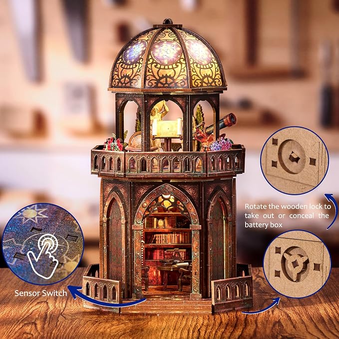 DIY Miniature House Kit,Steampunk Observatory for Adults to Build, Birthday/Christmas Day Gift for Family and Friends, 3D Wooden Dollhouse with LED Lights,Observatory