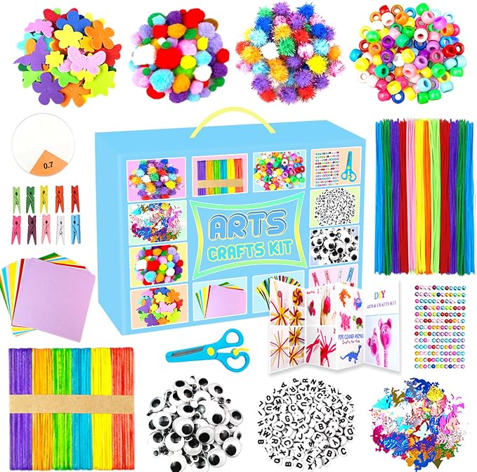 BNUZEIYI 2000 PCS Arts and Crafts Supplies for Kids All-in-1 Craft Kit with Pipe Cleaners Craft Box Set DIY Crafting Supply School Supplies Toys Gifts for Girls Boys Ages 4-6, 6-8, 8-12, Blue