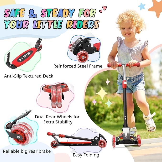 3 Wheel Kids Kick Scooter for Ages 3-12, Lean-to-Steer, Light-Up Wheels, 3-Level Adjustable Handlebar 27.5”-33”, Wide Non-Slip Deck, Dual Rear Brake,Travel Foldable, for Boys & Girls Toy Gifts