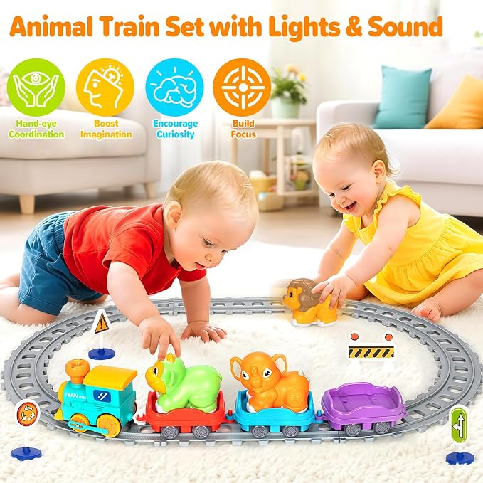 Electric Train Set for Toddlers, Realistic Steam Train Toys with Tracks for Kids 2-4, Animal Toys for Toddlers with Music & Lights, Christmas Birthday Gifts for 1 2 3 4 5 Year Old Boys Girls