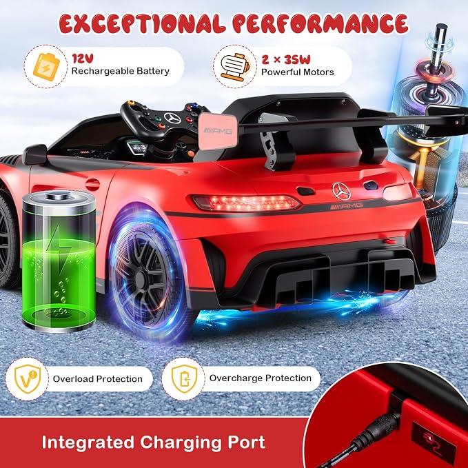 Costzon Ride on Car, 12V Licensed Mercedes-AMG GT3 Kids Car with Remote Control, 3 Speeds, LED Lights, Music, Wireless, Transport Wheels & Soft Start, Electric Vehicle for Toddlers Aged 3+ (Red)