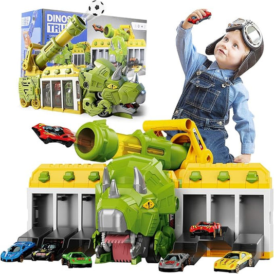 STBEIMEIMY Triceratops Truck Toy, Ejection Shooting Game with Storage & 10 Cars Dinosaur Shooting Truck with Foldable Pod, 10 Mini Cars & 12 Soft Balls, Develops Motor Skills & Coordination