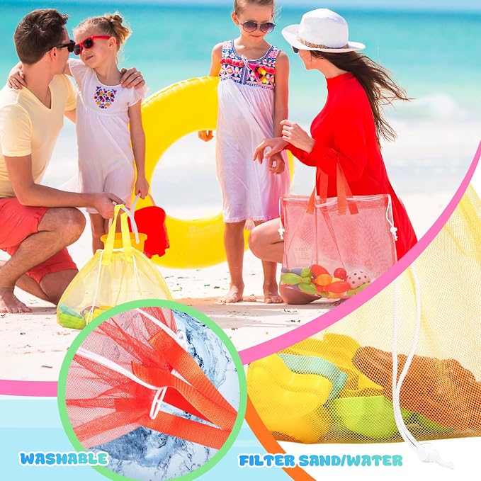 Paterr 8 Pcs Mesh Beach Tote Bag Seashell Bags Foldable Large Beach Toy Organizer with Drawstring, Pool Gym Swimming Camping Accessories Lightweight Foldable Birthday Gifts (8 Colors)