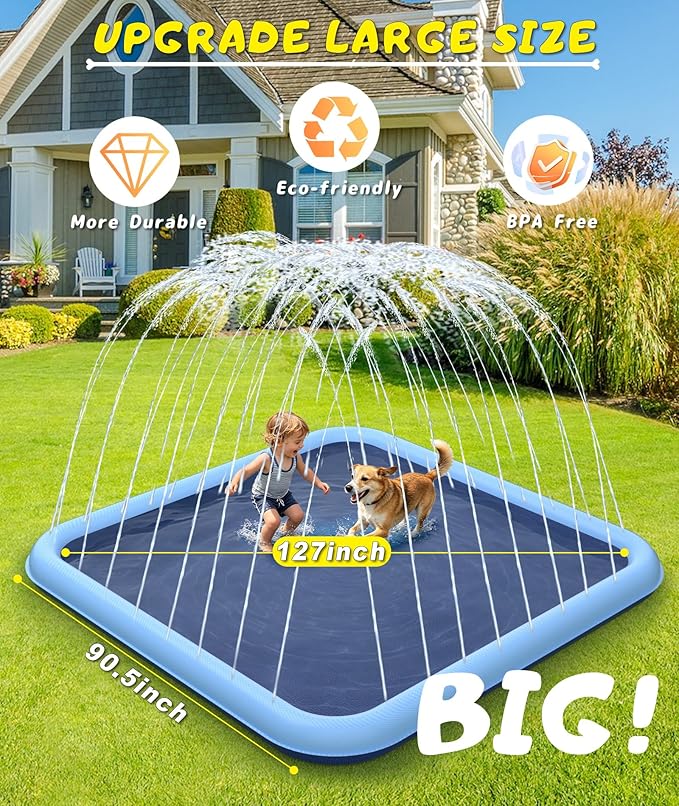 EPN Splash Pad, 127"- 90.5" Size Extra Large Sprinkler Play Mat for Dogs & Kids, Thicker Wading Pool Summer Outdoor Water Toys, Fun Backyard Fountain Play Pad for 3 Age+ Girls Boys Children & Pets