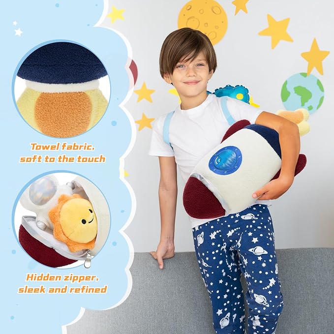 5Pcs Space Plush Toys Set – 14.57" Rocket, Astronaut, Sun, Moon & Earth Stuffed Animals, Soft Huggable for Bedtime Snuggles, Imaginative Play & Cute Room Decor, Christmas Birthday Gift for Boys Girls