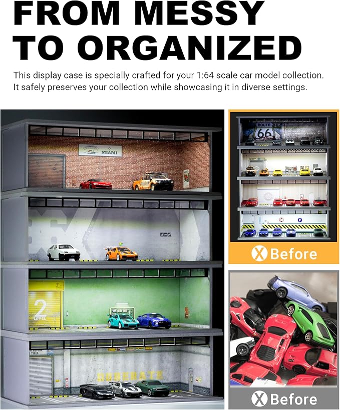 1/64 Scale Display Case Car Garage Moldel, Acrylic Cover Diecast Car Show Case with LED Light 6 Parking Spaces?Hot diecast Wheel Parking Scene (Vehicles Not Included) Warehouse