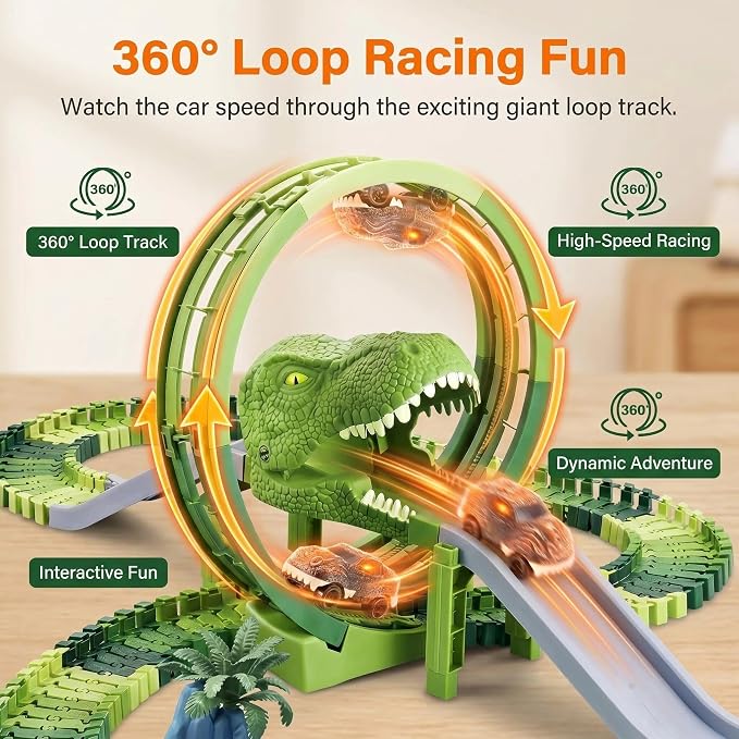 Dinosaur Race Track Toys for Boys 3-5, T-Rex Dinosaur Car Track Set with Giant Loop, Flexible Adventure Race Track Playset for Boys Age 4-7 Birthday Gifts