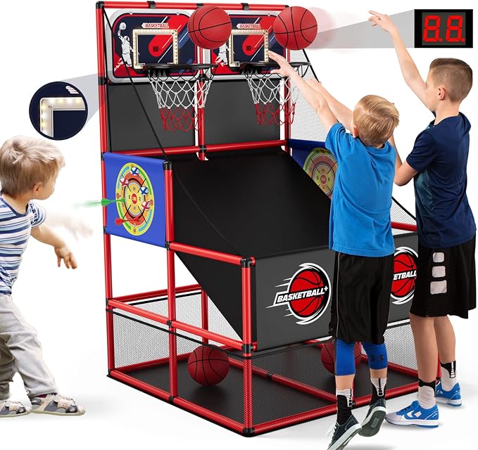 HYES 2 in 1 Dual Shot Basketball Arcade Game with 2 Dart Boards/Electronic Scoreboard/LED Light, Kids Basketball Hoop for Home Indoor Outdoor, Sport Toys for Boys Girls