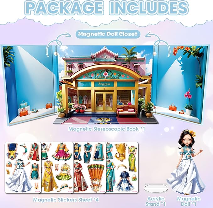 Magnetic Dress Up Dolls for Girls - Princess Magnet Paper Dolls Book with 3D City Buildings - Travel Car Trip Quiet Book Game Toys Easter Birthday Gifts for Kids Toddlers Ages 3 4 5 6 7(Style D)