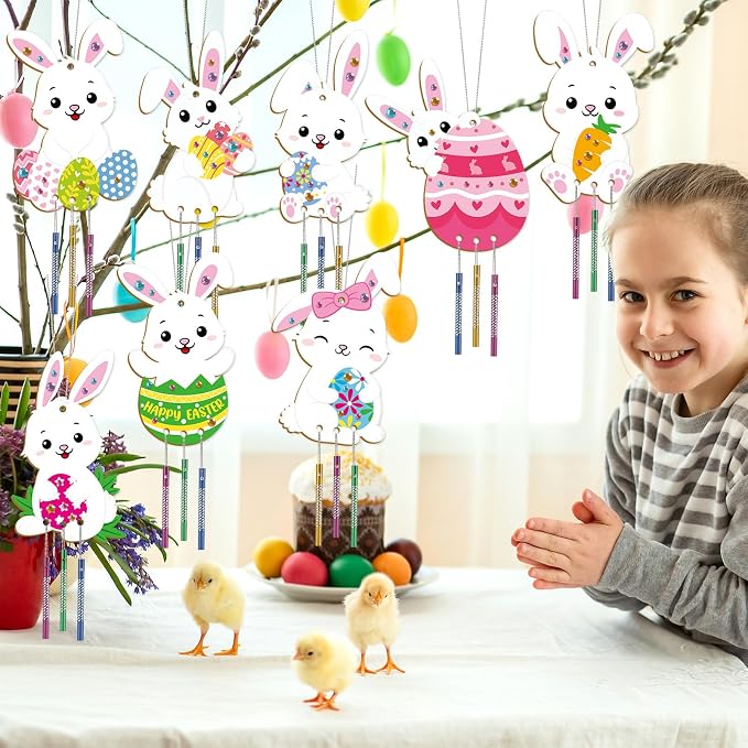 gisgfim 16 Pack Easter Bunny Wind Chime Kits Easter Crafts for Make Your Own Easter Rabbit Wind Chime Wooden DIY Art and Crafts for Spring Party Hanging Decoration Supplies Birthday Favor