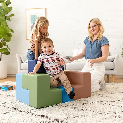 ECR4Kids SoftZone Brainy Building Blocks Puzzle Set, Beginner Playset, Earthtone, 7-Piece