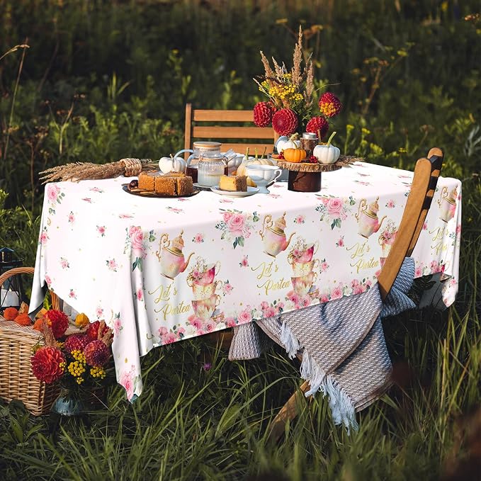 Pink Floral Tea Party Tablecloth, Girls Tea Party Birthday Supplies 3pcs Let's Partea Spring Disposable Table Cover for Baby Shower, Floral Birthday Decorations