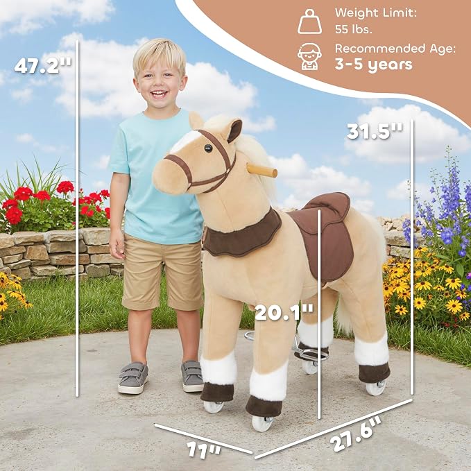 Qaba Ride on Horse for Kids 3-5 Years, 31.5 Inch Height Plush Riding Pony, Walking Horse Animal with Rolling Wheels for Active Play, No Batteries Required, Brown