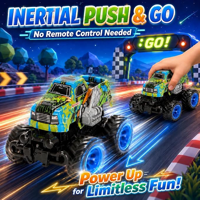 2 Exploding Pack Monster Trucks for Boys Age 4-7, Dinosaur and Shark Light Up Push and Go Toy Cars with Music, Friction Powered Birthday Gifts for Kids Ages 3-7
