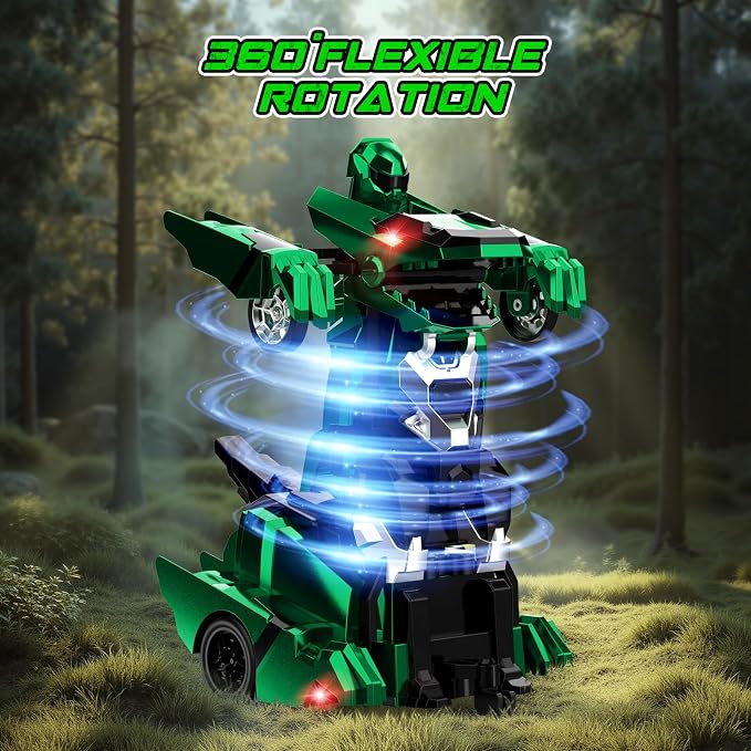 Kroyedfuw Dinosaur Transform Rc Cars, 2.4Ghz Remote Control Car Transforming Robot with Flashing Light, 360° Rotation One Button Deformation Car Toy Gifts for Boys Age 4-7 8-12