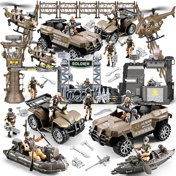 88-in-1 Army Men Toys Sets for Boys 4-7 8-12, Military Base/Truck/Helicopter/Kayak Boat/Motorcycle/Army Men Action Figures/Weapon Gears, Army Toys for Boys Kids Birthday Gifts Party Favors