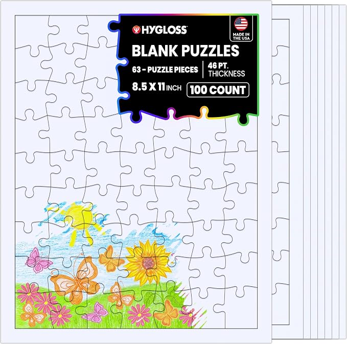 Hygloss 100 Blank Jigsaw Puzzles– 8.5 x 11 Inch, 63 Pieces Each – DYI Party invites, Perfect for Decorating, Kids' Activities, Arts & Crafts or Party Favors - Puzzle Pieces to Draw On for Crafts