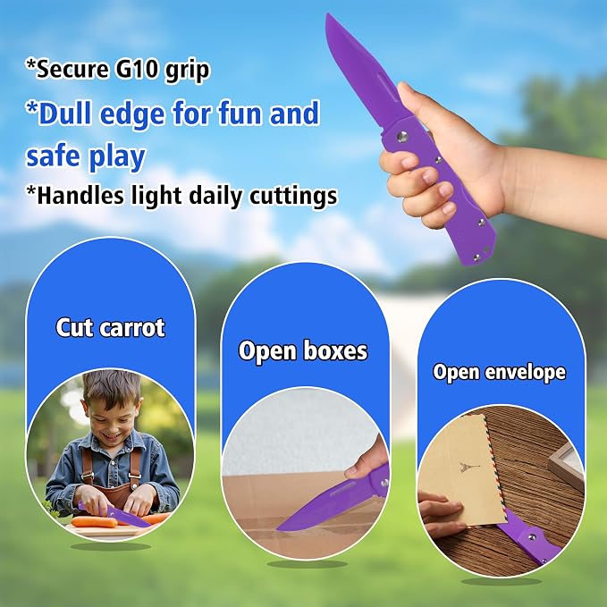 JIN Alpha Safe Pocket Knife, DIY Making Kit, Fake Knives for Starters, Dull G10 Blade, Folding EDC, Purple G10 Handle, Camping Tool