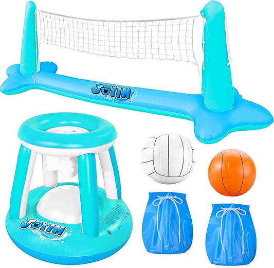 JOYIN XL Inflatable Pool Float Set, 125'' Volleyball Net & Basketball Hoops, Extra Large Floating Swimming Game Toy for Kids and Adults, Summer Floaties, Volleyball Court|Basketball, XL-Blue, Cyan