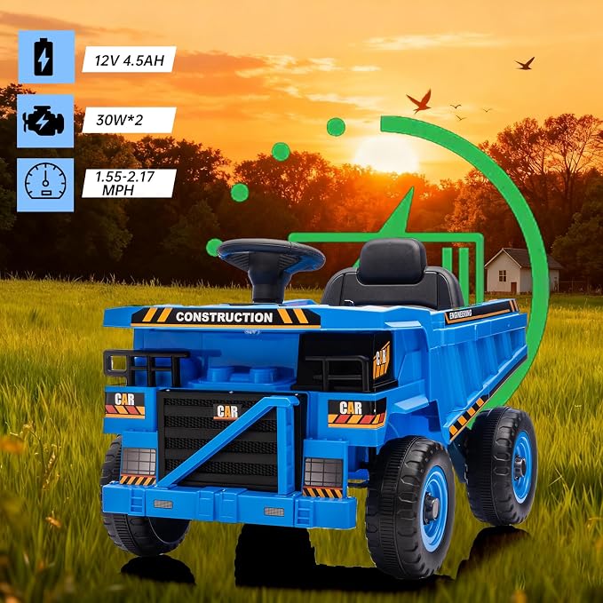 12V Ride On Dump Truck Kids Ride On Car for Kids, Battery Powered Electric Car with Remote Control, Electric Dump Bed, Wear-Resistant Tires, 4 Wheels Tractor Ride On Toys, Blue