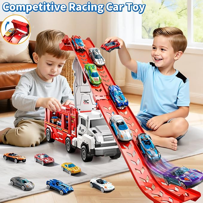 3-in-1 Kids Carrier Truck Toy Car Tracks for Toddlers 2-4 Years Old with 12 Racing Cars Toys, Foldable Chasing Race Track and Car Garage, Car Ramps Birthday Gift for Boys Girls 3-5 4-8(Red)