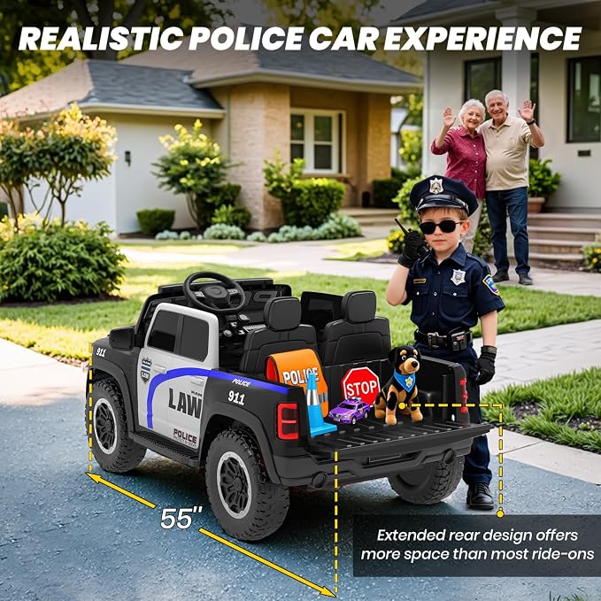 24V Ride On Police Car for Kids, Licensed RAM 1500 2 Seater Electric Police Truck with Remote Control, Siren, Megaphone, Flashing Lights, 180W Motor, Suspension, Bluetooth, Storage Bed, Black